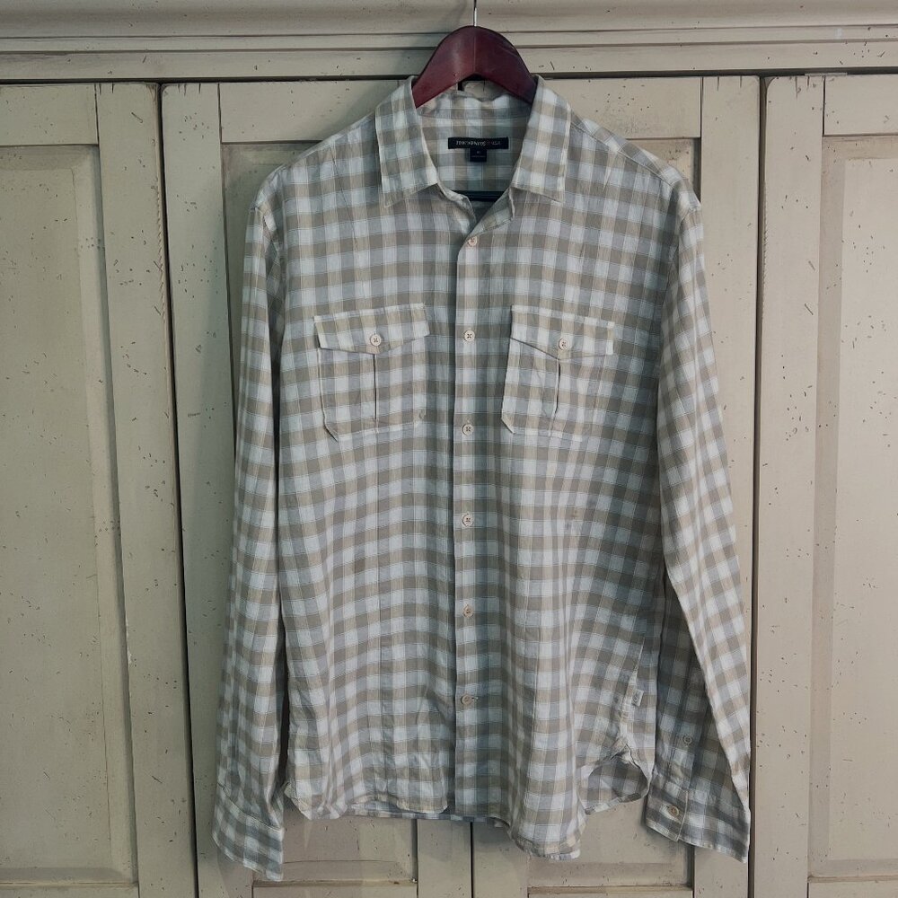John Varvatos Beige White Gingham Button Down Shirt, Dual Chest Pockets, M
